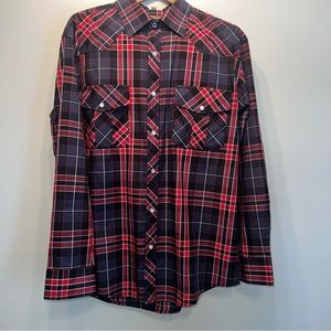 Western Pearl Snap Shirt Coevals Club Size M Red Blue Plaid Long Sleeve Shirt